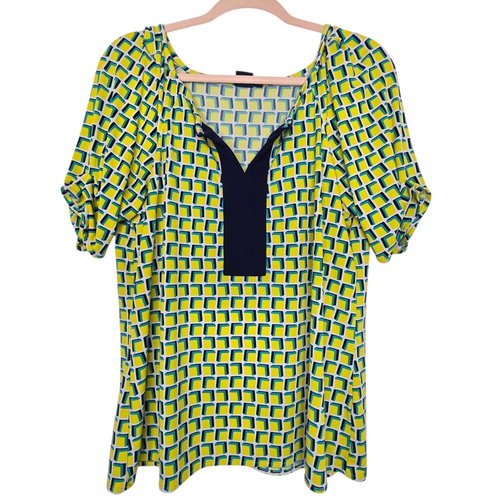 Kaari Blue blouse featuring a yellow and blue square pattern